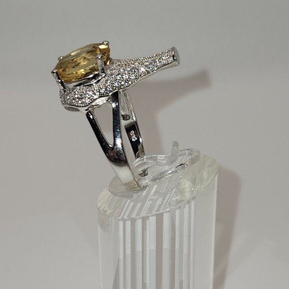 .925 Sterling Silver Citrine Solitaire w/ Cubic Zirconia Ring Size 9 Value $720 - Picture 2 of 7